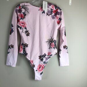 Women's Brazilian Pink Floral Long sleeve back zip swimsuit Size M, NWT